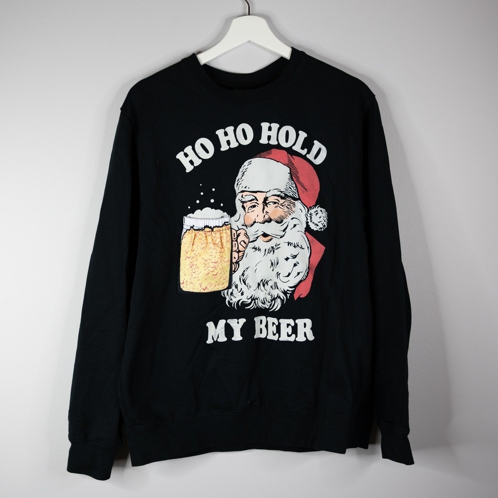 Fifth Sun Sweatshirt Mens Large Black Excellent Ho Ho Hold My Beer Santa Pocket